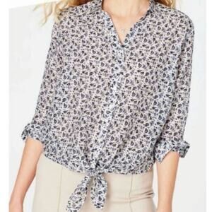J. Jill Floral Cotton Silk Blend Button Down Front Tie Blouse